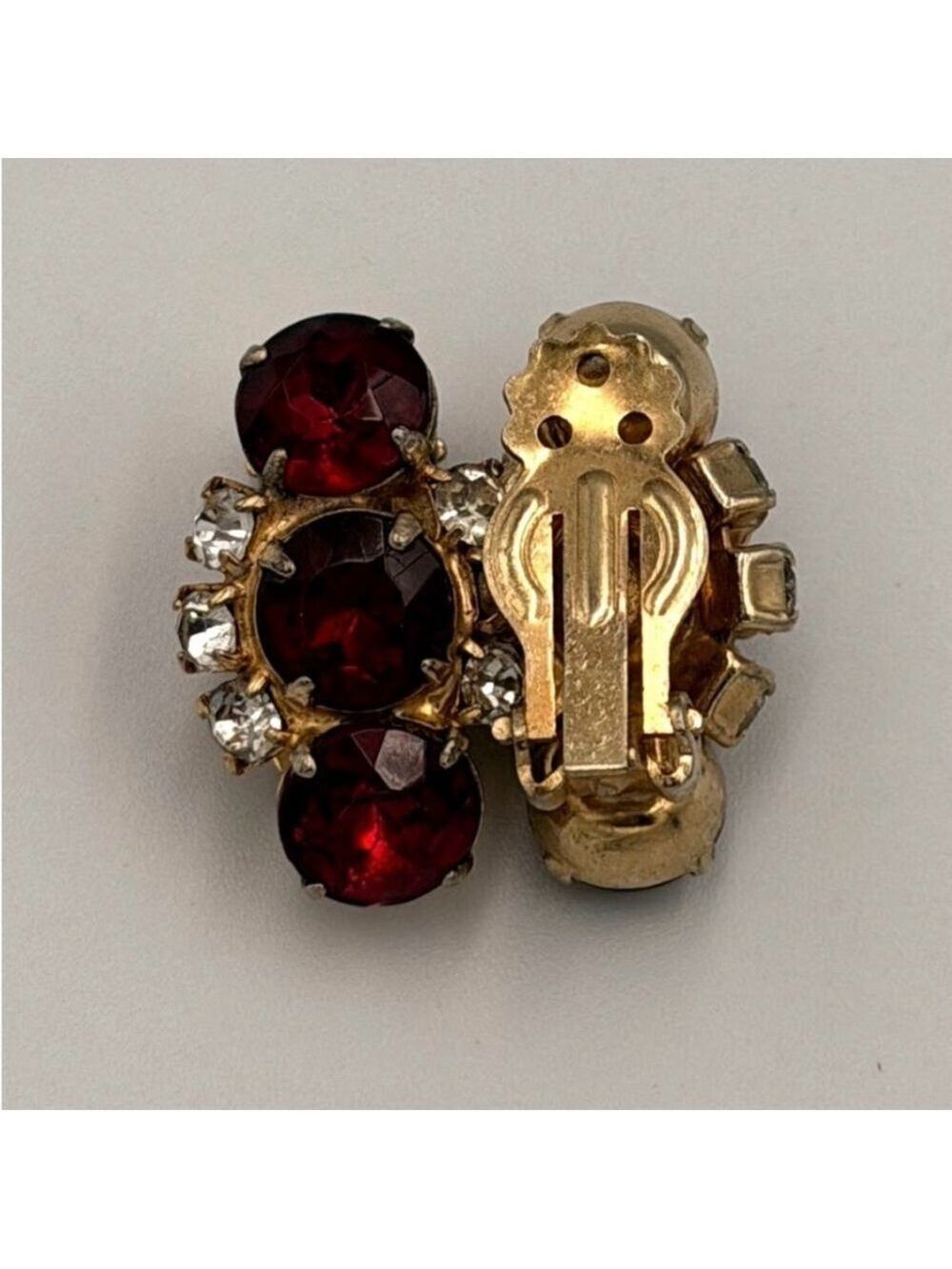 Vintage Ruby Red & Clear Rhinestone Clip-On Earrings 2319 - Picture 3 of 3